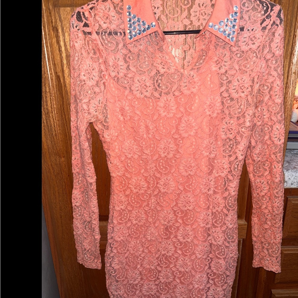 Elegant Coral Lace Dress with Embellished Collar
